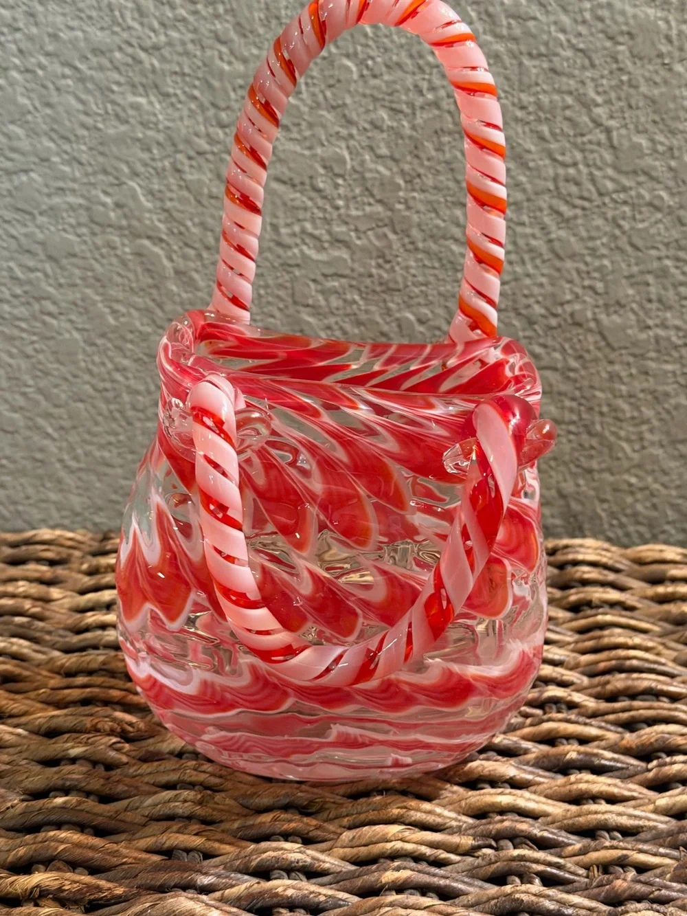 Hand Blown Art Glass Purse Sculpture Pink Red Candy Stripe Handbag Decorative
